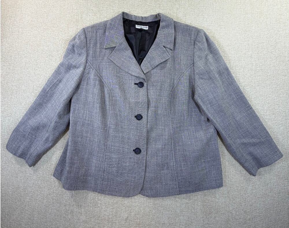 Pendleton Womens Blue 16W Wool Silk Blend 3 Button Cropped Blazer Jacket Classic